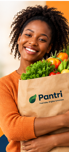 A smiling shopper carrying a Pantri grocery bag