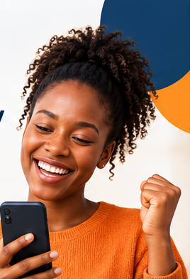 A smiling shopper celebrating her new Pantri account on her phone