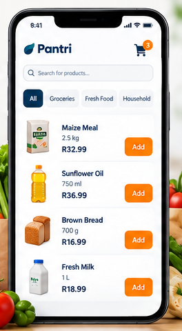 The Pantri app listing maize meal, sunflower oil, brown bread and fresh milk