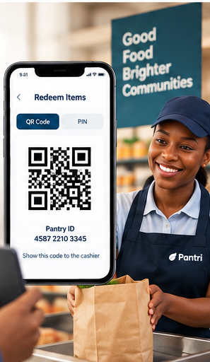 A cashier ready to scan a shopper's Pantri QR code at the till
